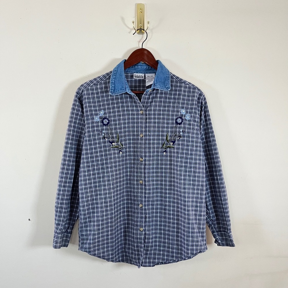 Vintage Basic Editions Plaid Button Up Denim Coll… - image 2